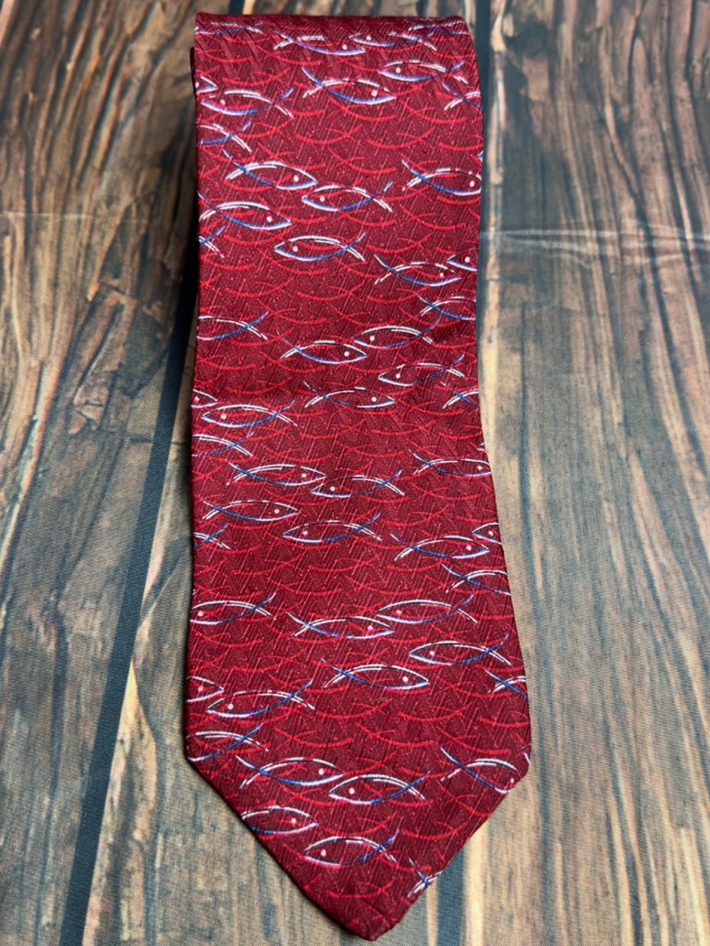 Christians Closet XL 100% Silk Red Christian Fish Tie Ichthys Necktie Apprx. 62"